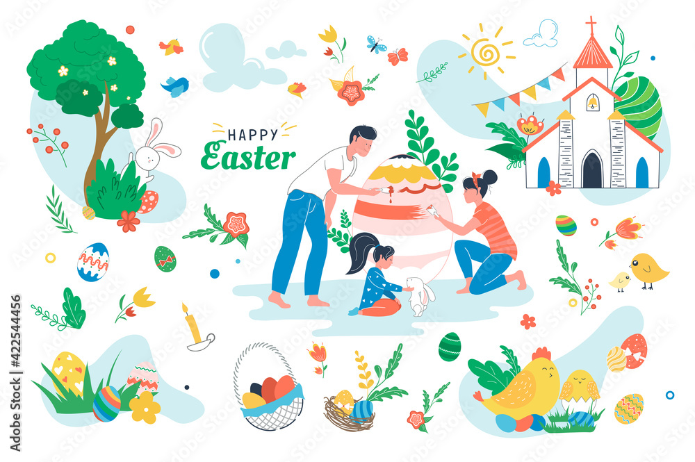 Happy Easter set isolated elements. People painting on paschal egg. Holiday symbols bundle - egg baskets, church, candles, chicken, rabbit, spring flowers. Vector illustration in flat cartoon design Happy Easter set isolated elements. People painting on paschal egg. Holiday symbols bundle - egg baskets, church, candles, chicken, rabbit, spring flowers. Vector illustration in flat cartoon design