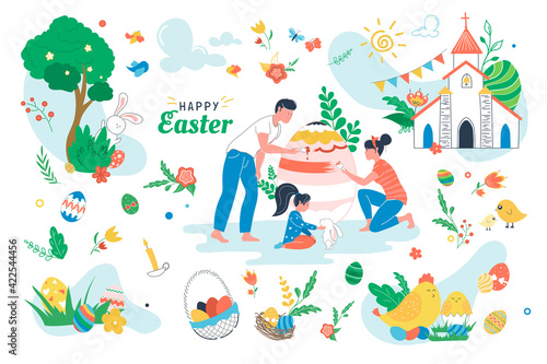 Happy Easter set isolated elements. People painting on paschal egg. Holiday symbols bundle - egg baskets, church, candles, chicken, rabbit, spring flowers. Vector illustration in flat cartoon design