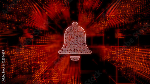 Alert Technology Concept with bell symbol against a Futuristic, Orange Digital Grid background. Network Tech Wallpaper. 3D Render  photo