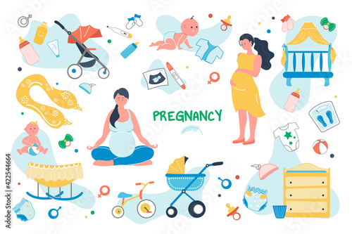 Pregnancy set isolated elements. Pregnant woman preparing for birth of child. Baby care symbols bundle - crib, stroller, diapers, bottle, pacifier, clothes. Vector illustration in flat cartoon design