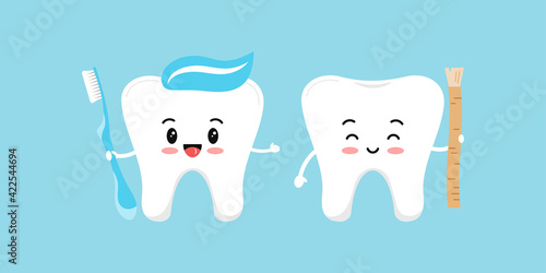 Cute tooth with siwak or miswak and toothbrush paste on head. Flat design cartoon kawaii style smiling character set vector illustration. Happy tooth hold brush. Islamic children teeth hygiene concept