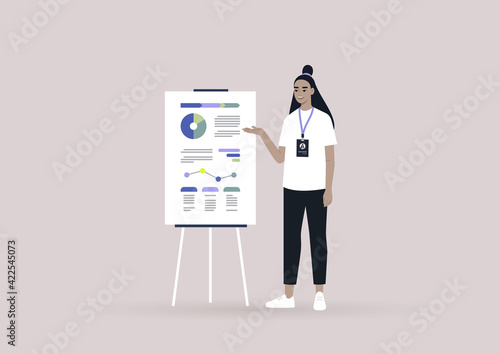 A young female Asian character presenting a research report, a financial consultant pointing at the infographics on a flipchart
