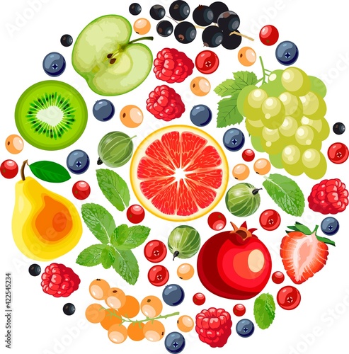 Fototapeta Naklejka Na Ścianę i Meble -  Mix of berries, grapefruit, grapes, pears and apples on a white background