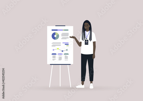 A young female Black character presenting a research report, a financial consultant pointing at the infographics on a flipchart