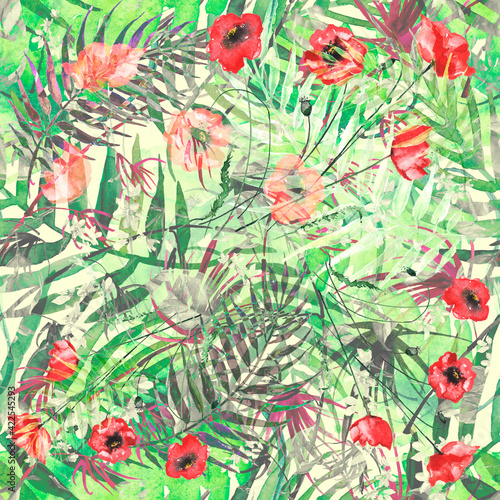 Tropical leaves. Watercolor leaves of a tree, palms, bamboo, red poppy, abstract splash. Watercolor abstract seamless background, pattern, spot, splash of paint, branch. Tropic pattern.palm leaves © helgafo