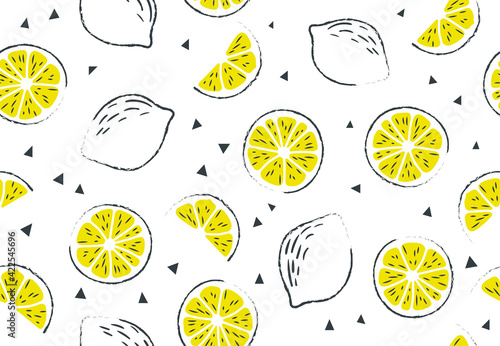 Fresh, tropical fruits, lemon. Seamless fruit background for banners, printing on fabric, labels, printing on T-shirts. Children's drawing in cartoon style, black outline, pen, pencil-01