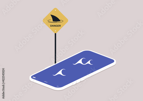 A conceptual tech illustration, a yellow sign warning about risks of smartphone addiction and digital crimes