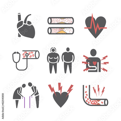 Atherosclerosis. Symptoms. Flat icons set. Vector signs for web graphics.