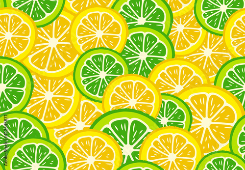 Fresh, tropical fruits, lemon and lime. Seamless fruit background for banners, printing on fabric, labels, printing on T-shirts. Children's drawing in a cartoon style.