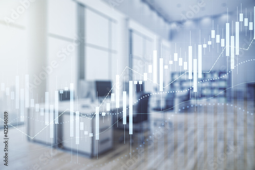 Double exposure of virtual creative financial diagram on a modern furnished office interior background, banking and accounting concept