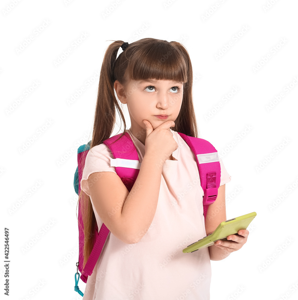 Thoughtful little schoolgirl with calculator on white background Thoughtful little schoolgirl with calculator on white background