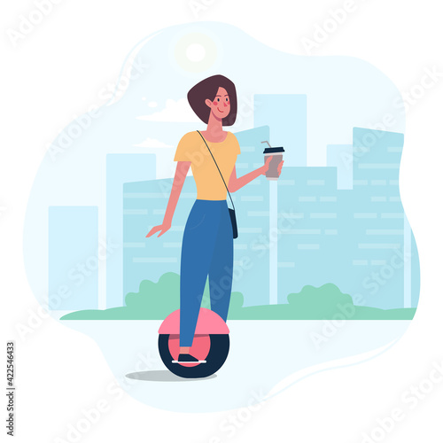 A woman rides a modern segway, drinks coffee. Eco-friendly alternative transport, friendly to the environment. Vector illustration of a girl in a flat style on the background of the city.