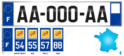 Lorraine, France, french regional license plate template, detail of the side label of the department, vector illustration, example of numbering