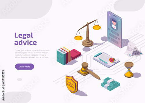 Legal advice or advocate attorney service isometric landing page