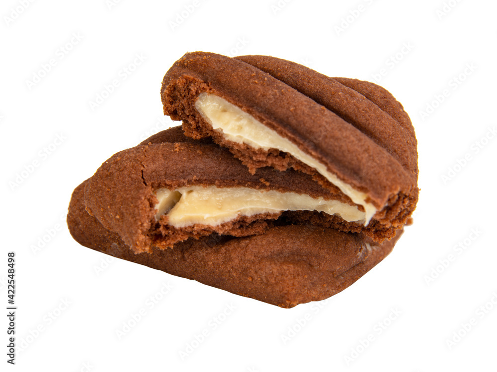 Chocolate cookie with cream filling isolated on the white background Chocolate cookie with cream filling isolated on the white background