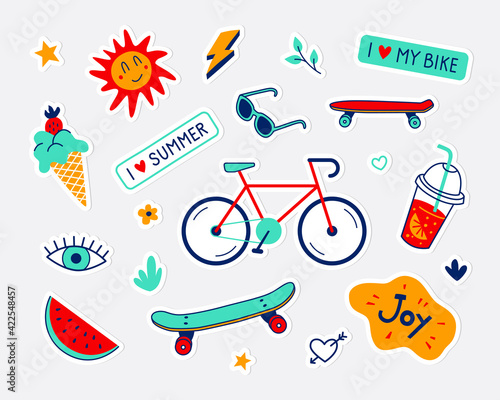 Vector set of stickers with bike, skateboard, penny board. Fun and cool colored elements and doodles. I love summer concept.