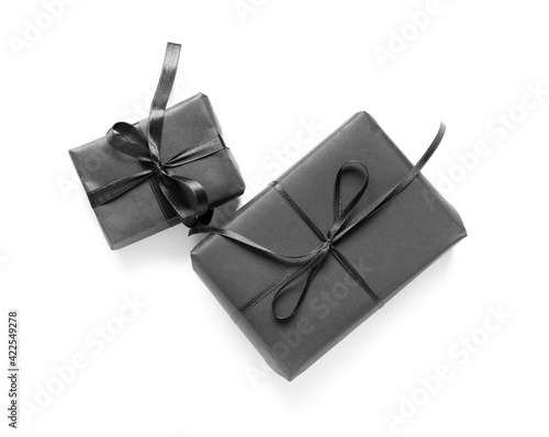 Black gift boxes on white background
