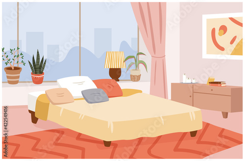 Bedroom hygge home interior, room design apartment with window, cozy bed and pillows
