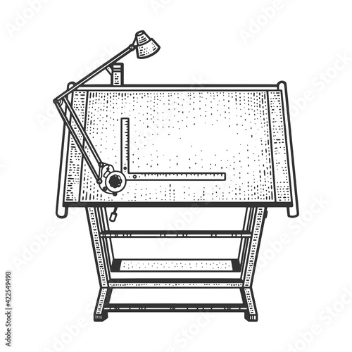 Drawing board table for technical illustrations sketch engraving vector illustration. T-shirt apparel print design. Scratch board imitation. Black and white hand drawn image.