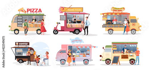 Street market food truck, outdoor cafe vector illustration set. Cartoon foodtruck with menu pizza asian food burger ice cream hot dog fastfood eating, coffee drink, catering service isolated on white.