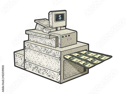 printing money dollars machine color sketch engraving vector illustration. T-shirt apparel print design. Scratch board imitation. Black and white hand drawn image.