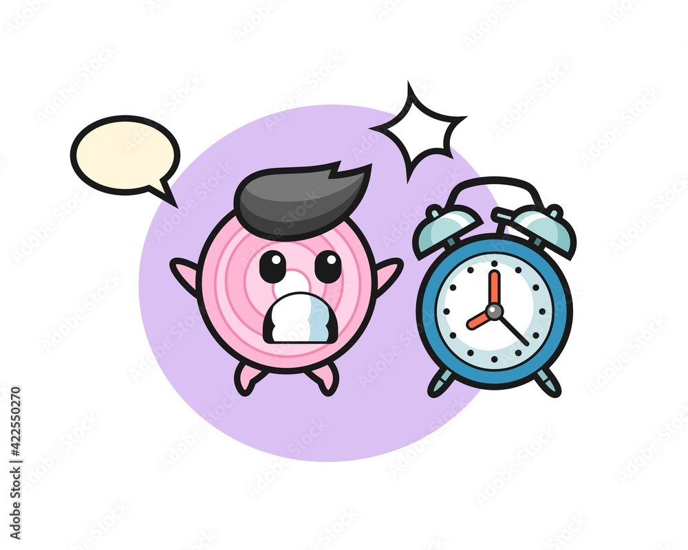 Cartoon Illustration of onion rings is surprised with a giant alarm clock Cartoon Illustration of onion rings is surprised with a giant alarm clock