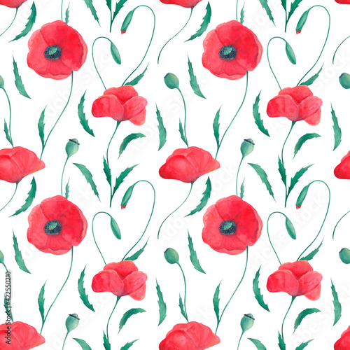 Watercolor hand-painted floral seamless pattern. Poppies
