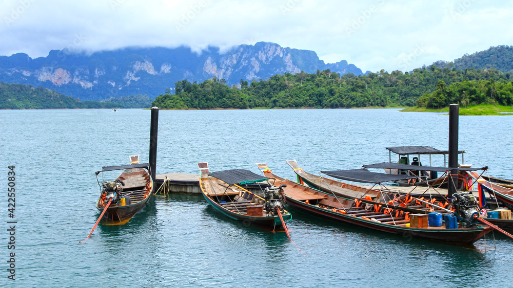 Longtail boats on the Cheow Lan Lake, Khao Sok National Park, Thailand