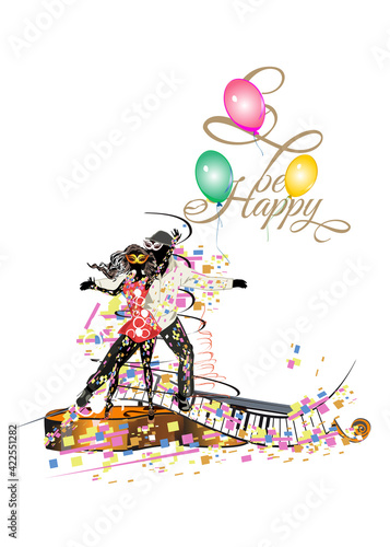 Beautiful romantic couple in passionate Latin American dances. Salsa festival. Hand drawn poster background.