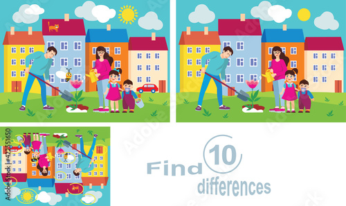 Parents and children plant a flower in the yard of the house. Find 10 differences, a children's educational game.