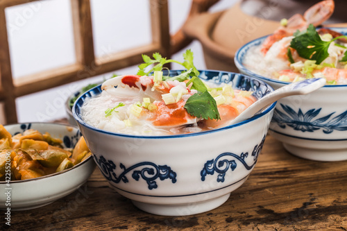 Chinese cuisine:a casserole seafood porridge.seafood porridge