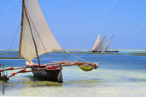 Tableau sur toile fishing outrigger dhow moored alomg the beach