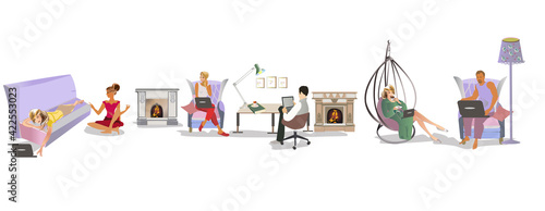 People, freelancers, working at home remotely on their computers or laptops. Quarantine or coworking. Daily life scenes indoor. Hand drawn vector illustration.