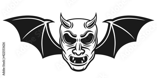 Samurai mask with bat wings and horns vector illustration in monochrome tattoo style isolated on white background