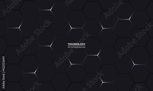 Black hexagonal technology vector abstract background. White bright energy flashes under hexagon in modern technology futuristic background vector illustration. Dark gray honeycomb texture grid.