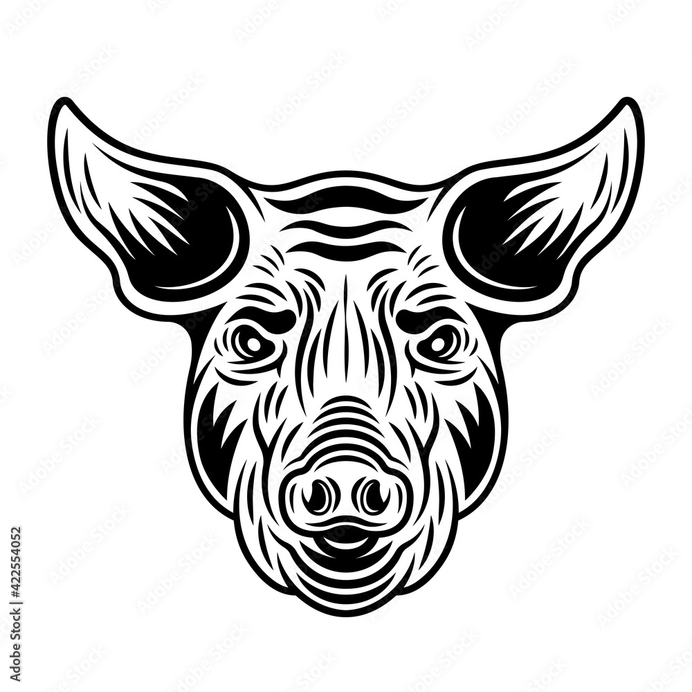 Pig head front view vector monochrome illustration in vintage style isolated on white background