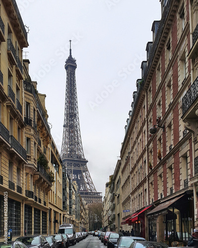 Paris street with view of the Eiffel Tower