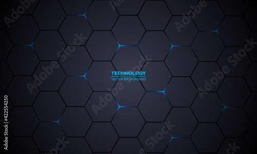 Dark gray hexagonal technology vector abstract background. Blue bright energy flashes under hexagon in modern technology futuristic background vector illustration. Dark gray honeycomb texture grid.