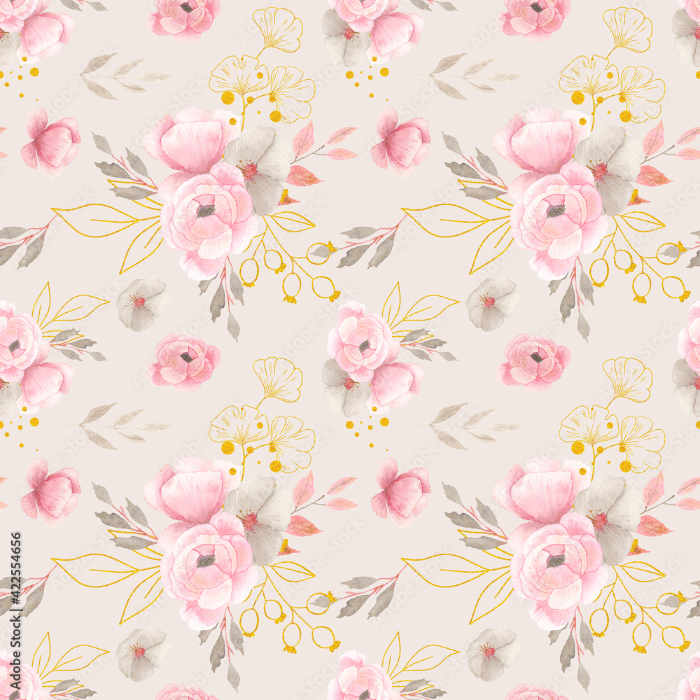Watercolor floral seamless pattern with delicate pink and gray flowers, leaves, branches, twigs and gold elements isolated on white background