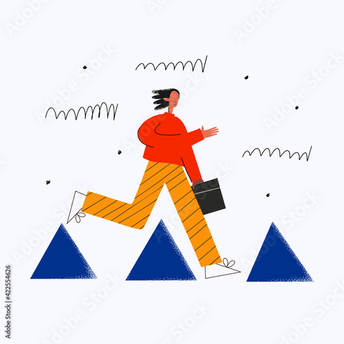 ethnic business woman runs and overcomes obstacles in her career. Career ladder. A woman in business. Striving and achieving goals. Deadline and employment. solution of problems. Obstacle course