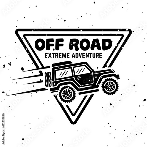 Off-road car vector monochrome vintage emblem, label, badge or logo isolated on white background