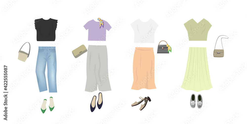 女性のファッションコーディネートのイラスト 女性のファッションコーディネートのイラスト