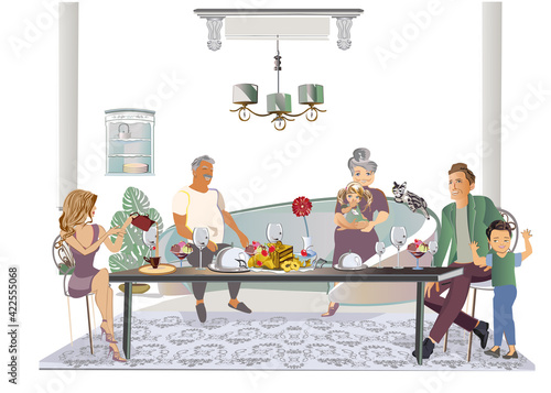  Mother, a father, thier  children and a grandfather, a grandmother spending time having their holiday family dinner. Hand drawn vector colorful flat illustration.