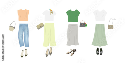 女性のファッションコーディネートのイラスト