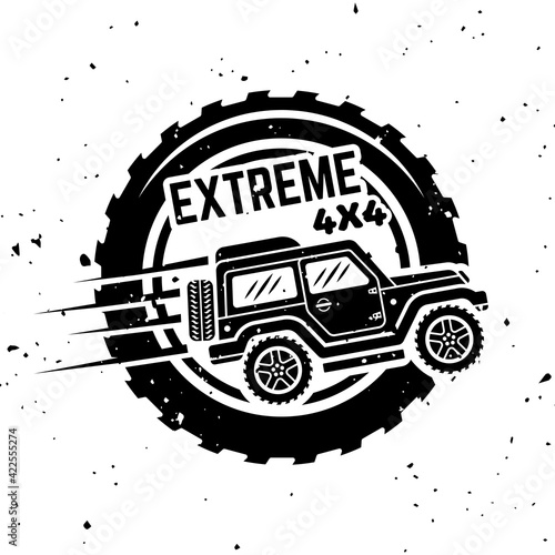 Off-road car side view vector monochrome vintage emblem with tire isolated on white background