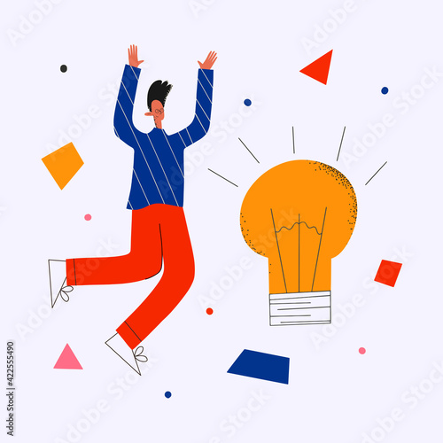 ethnic business man invented the idea.Success in creativity and creativity.Business concept of brainstorming and idea generation.An innovative solution.Marketer and designer light bulb and geometr