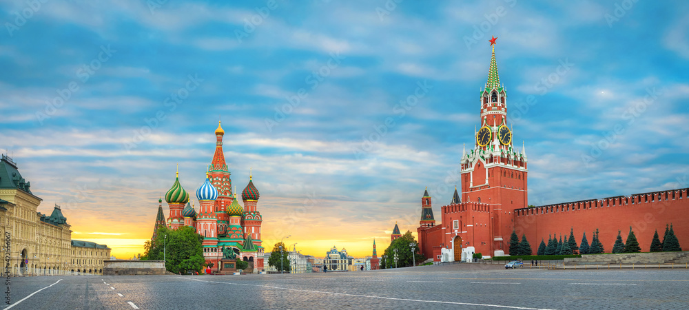 Moscow, Russia. Sunrise over Red Square and Saint Basil Cathedral