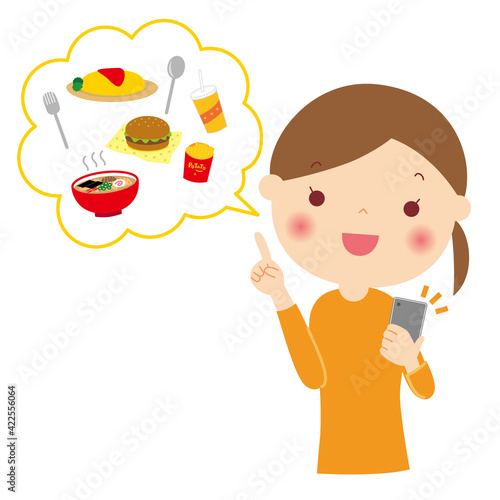 スマホで食事のデリバリーを頼む女性　イラスト