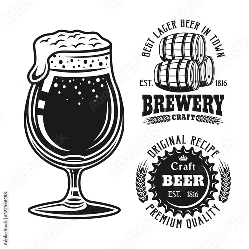 Beer glass and two brewery emblems, badges, labels or logos set of vector elements isolated on white background