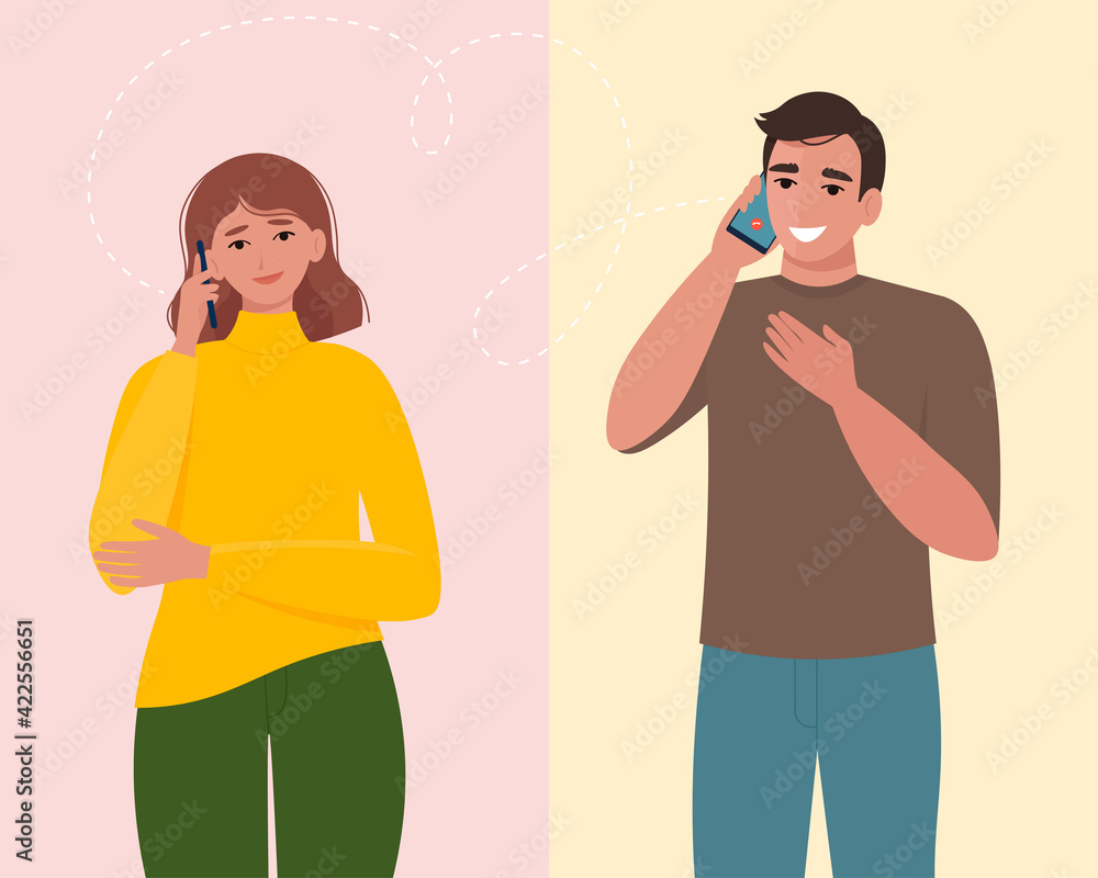 Man and woman talking on the phone. Communication and conversation with smartphone. Vector illustration in flat style Man and woman talking on the phone. Communication and conversation with smartphone. Vector illustration in flat style